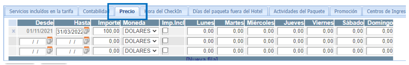 Cambiar precios de una tarifa