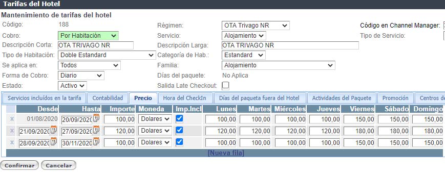 Cambiar precios de una tarifa